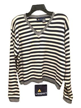 LizSport Vintage Navy and White Striped V-Neck Sweater, Large
